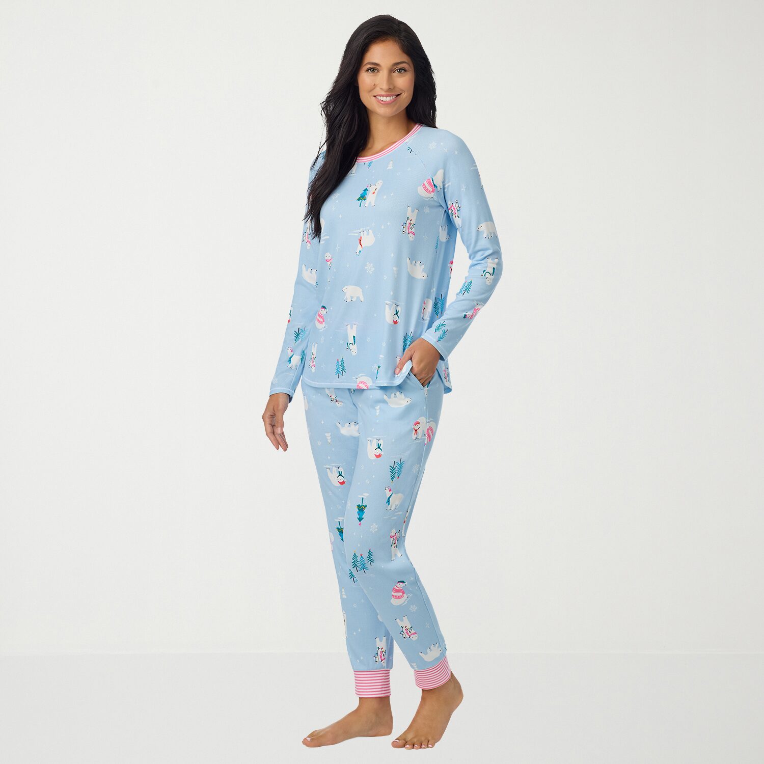 Cuddl Duds Womens Round Neck Long Sleeve 2-pc. Plus Pajama Set