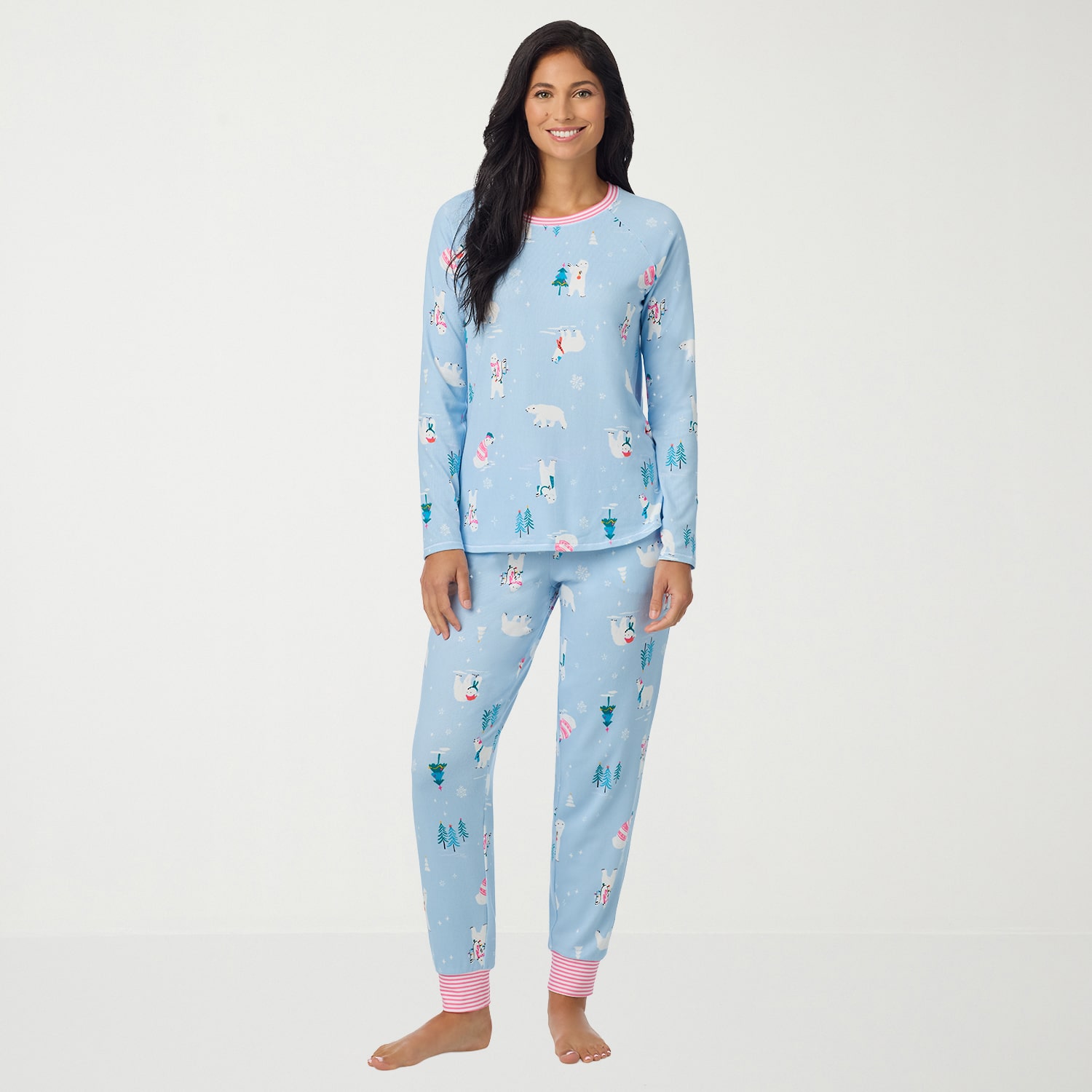 Cuddl Duds Womens Round Neck Long Sleeve 2-pc. Plus Pajama Set