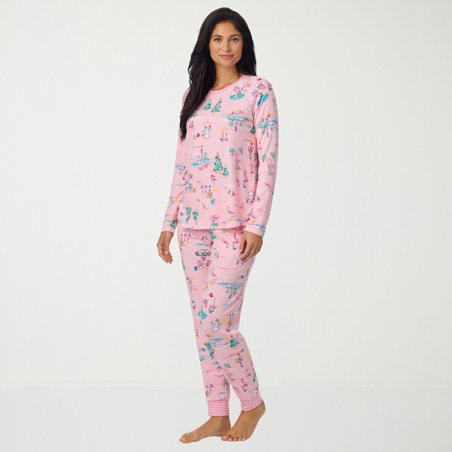 Cuddl Duds Womens Round Neck Long Sleeve 2-pc. Pajama Set