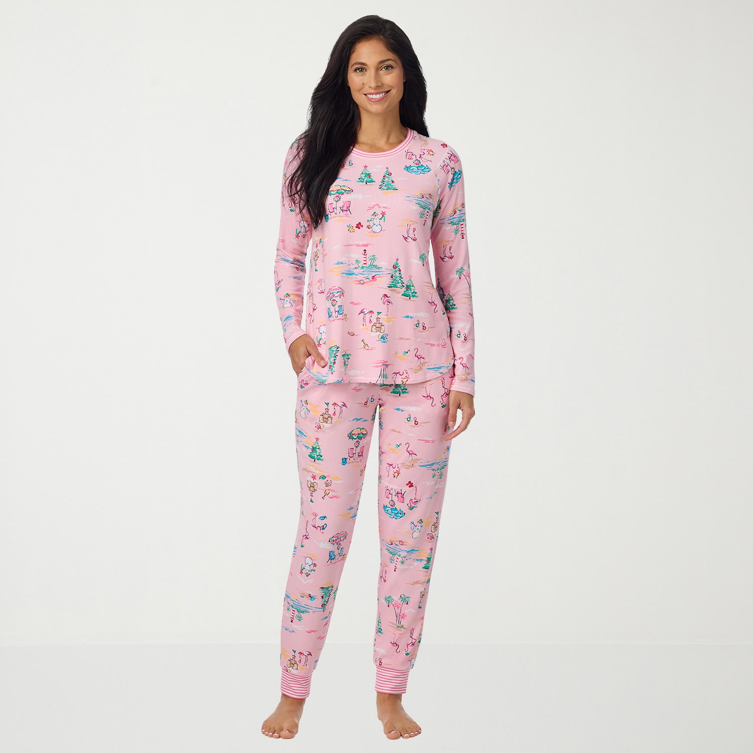Cuddl Duds Womens Round Neck Long Sleeve 2-pc. Pajama Set