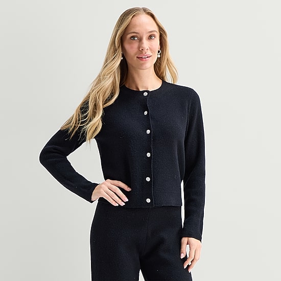Liz Claiborne Faux Fur Womens Crew Neck Long Sleeve Button Cardigan