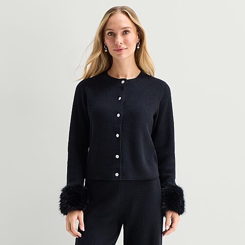 Liz Claiborne Faux Fur Womens Crew Neck Long Sleeve Button Cardigan In Black