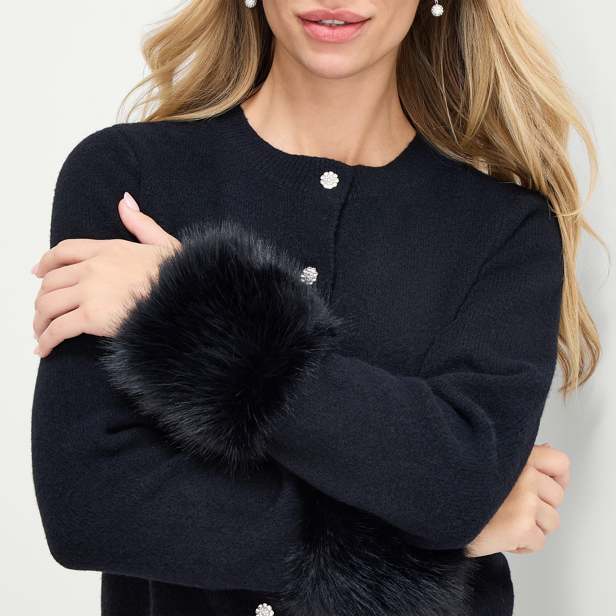 Liz Claiborne Faux Fur Womens Crew Neck Long Sleeve Button Cardigan