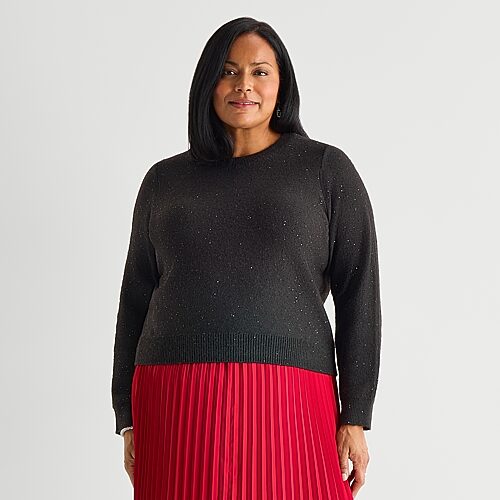 Liz Claiborne Plus Womens Crew Neck Embellished Long Sleeve Pullover Sweater, 4x, Black