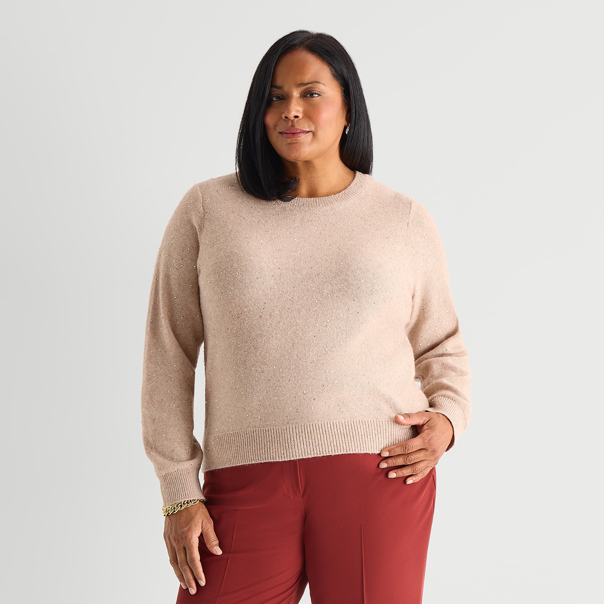 Liz Claiborne Plus Womens Crew Neck Long Sleeve Pullover Sweater