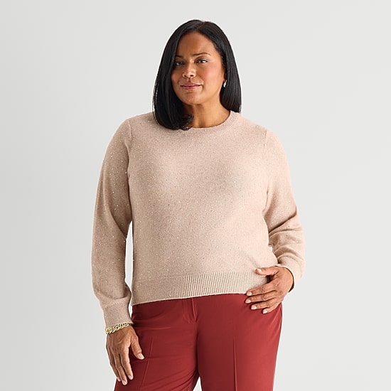 Liz Claiborne Plus Womens Crew Neck Long Sleeve Pullover Sweater