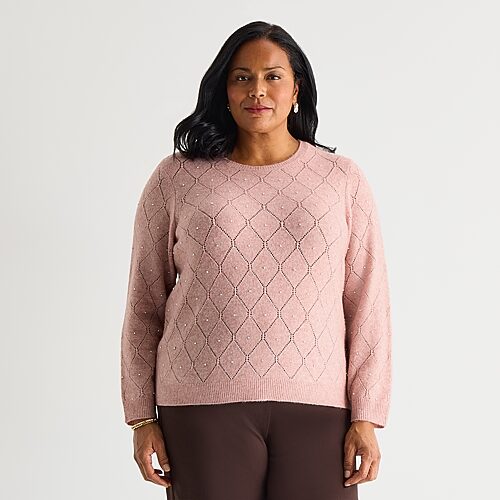 Liz Claiborne Plus Womens Crew Neck Long Sleeve Pullover Sweater In Pink