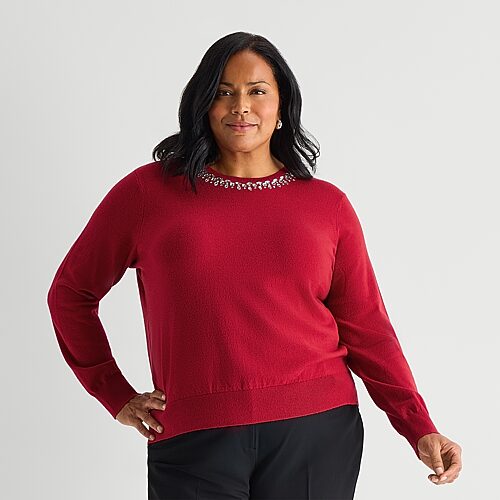 Liz Claiborne Plus Womens Crew Neck Long Sleeve Pullover Sweater In Red
