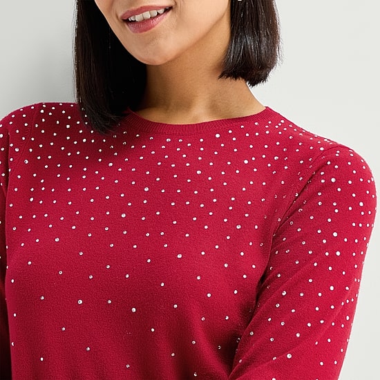 Liz Claiborne Petite Womens Crew Neck Long Sleeve Pullover Sweater