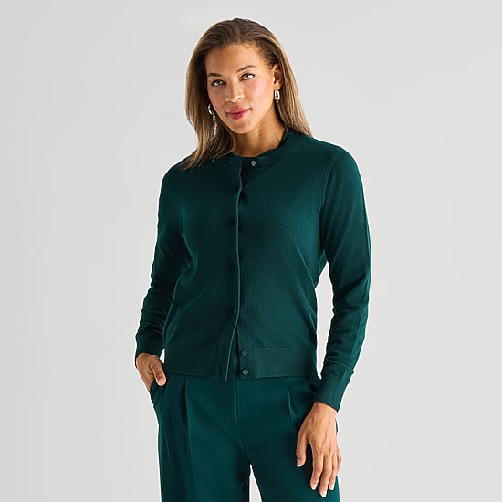 Liz Claiborne Luxe Womens Crew Neck Long Sleeve Button Open Front Cardigan