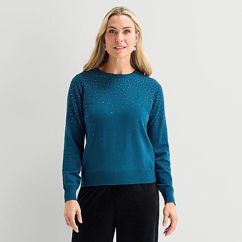 Liz Claiborne Womens Crew Neck Long Sleeve Pullover Sweater In Blue