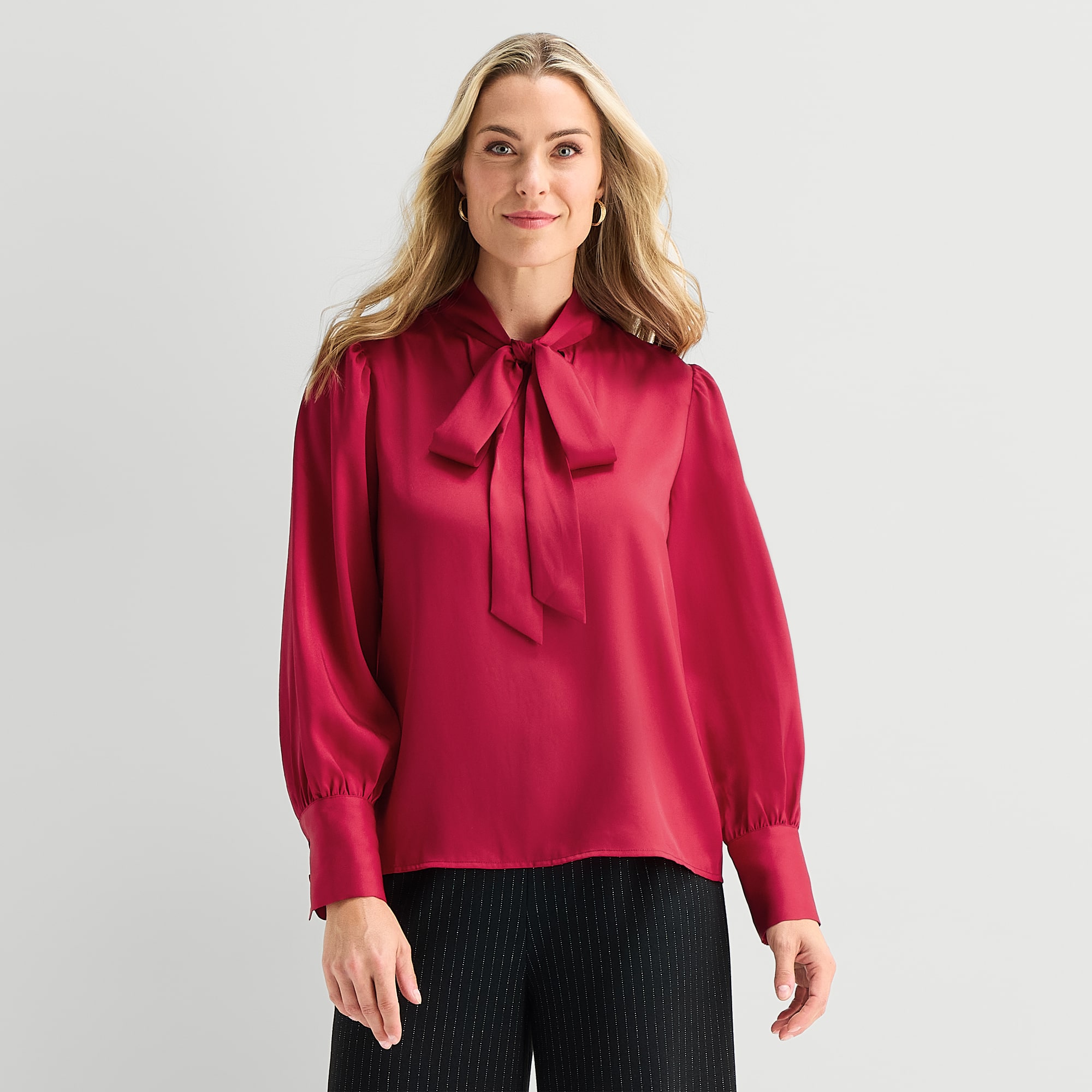 Liz Claiborne Womens Split Tie Neck Long Sleeve Blouse
