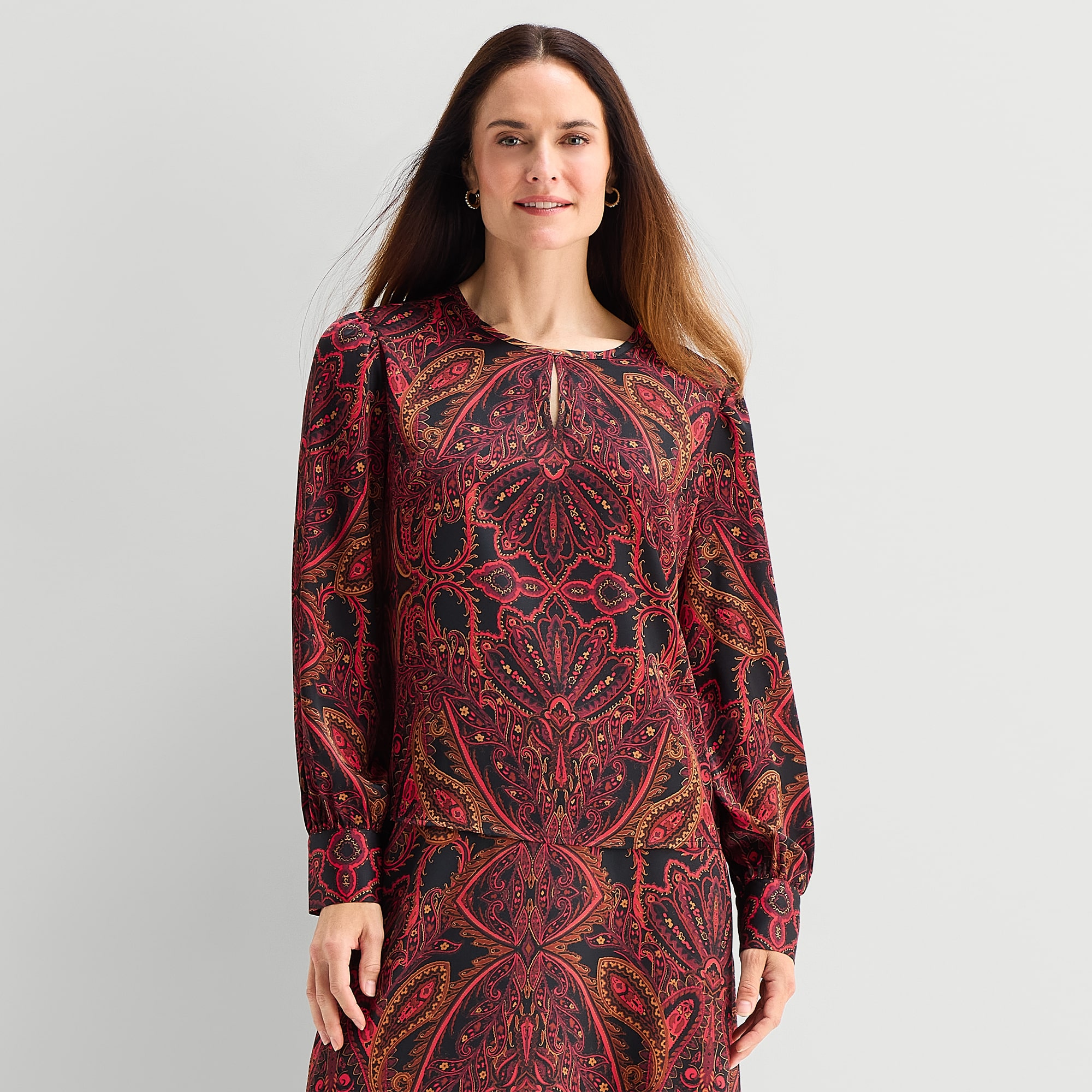 Liz Claiborne Womens Keyhole Neck Long Sleeve Satin Blouse