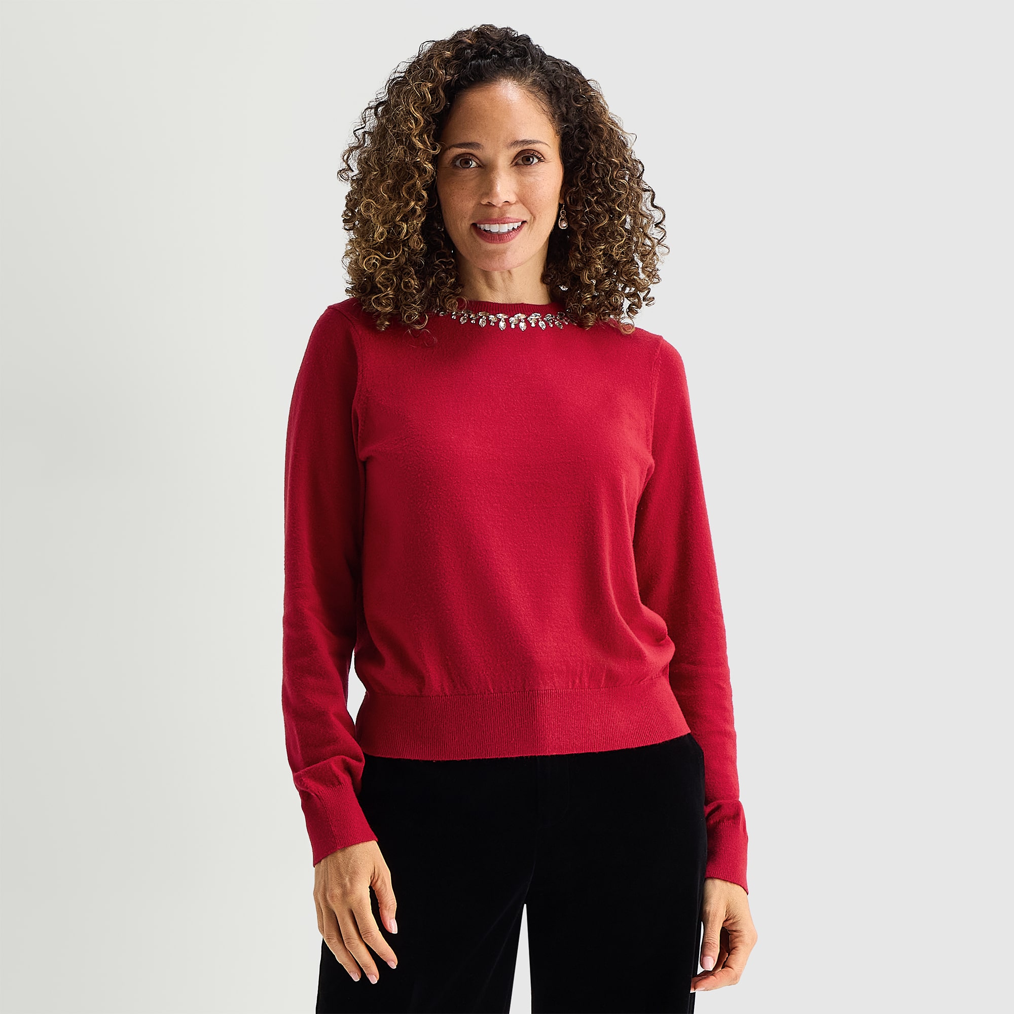 Liz Claiborne Womens Crew Neck Embellished Long Sleeve Pullover Sweater