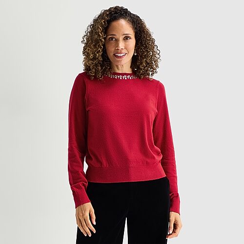 Liz Claiborne Womens Crew Neck Embellished Long Sleeve Pullover Sweater, X-large, Red