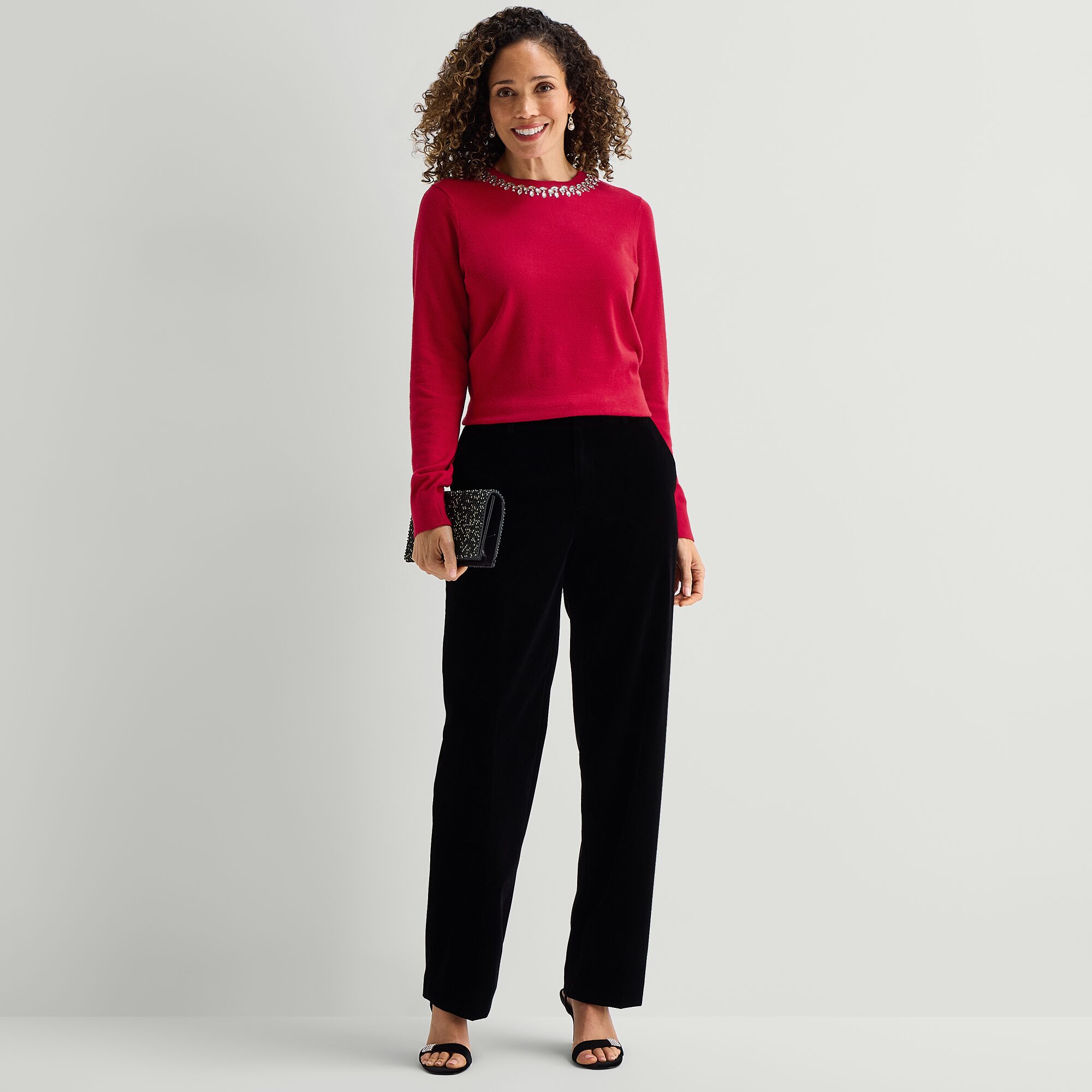Liz Claiborne Womens Crew Neck Embellished Long Sleeve Pullover Sweater