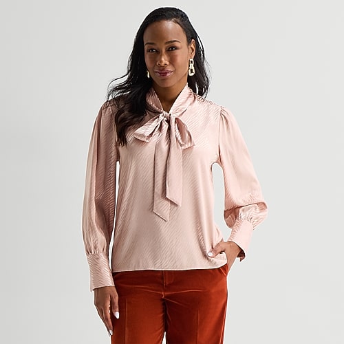 Liz Claiborne Womens Split Tie Neck Long Sleeve Blouse, Large, Orange