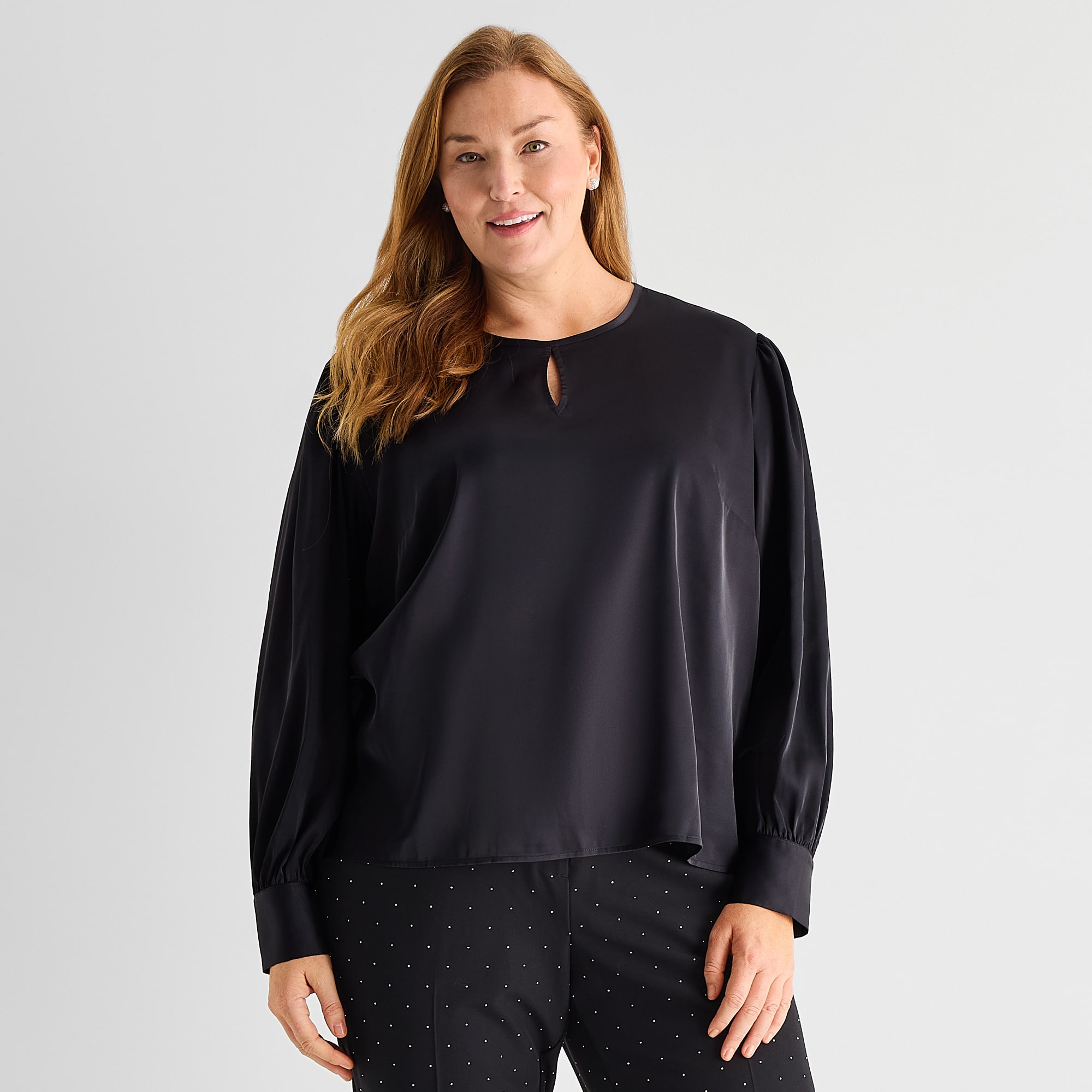 Liz Claiborne Womens Plus Henley Neck Long Sleeve Satin Blouse