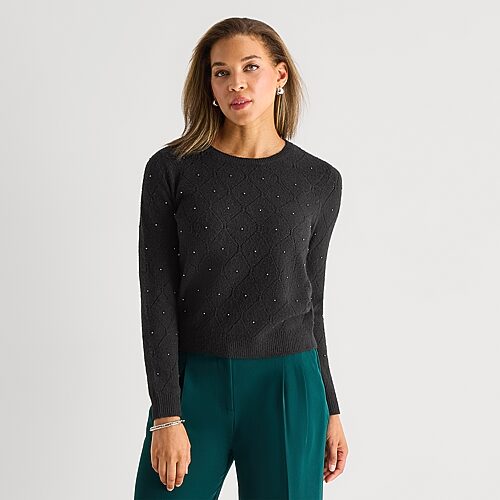 Liz Claiborne Embellished Womens Crew Neck Embellished Long Sleeve Pullover Sweater, Small, Black
