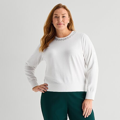 Liz Claiborne Plus Womens Crew Neck Long Sleeve Pullover Sweater In White