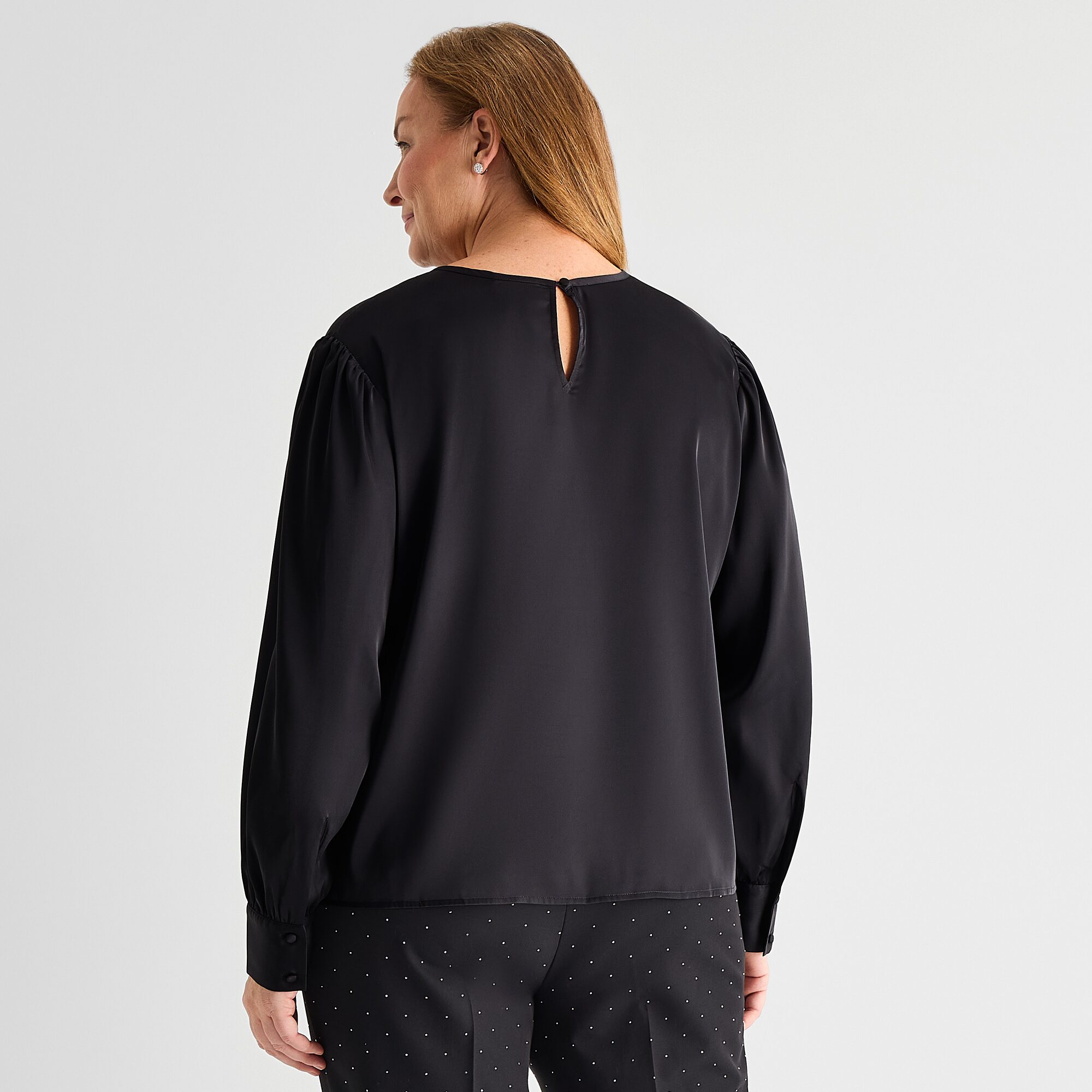 Liz Claiborne Womens Plus Henley Neck Long Sleeve Satin Blouse