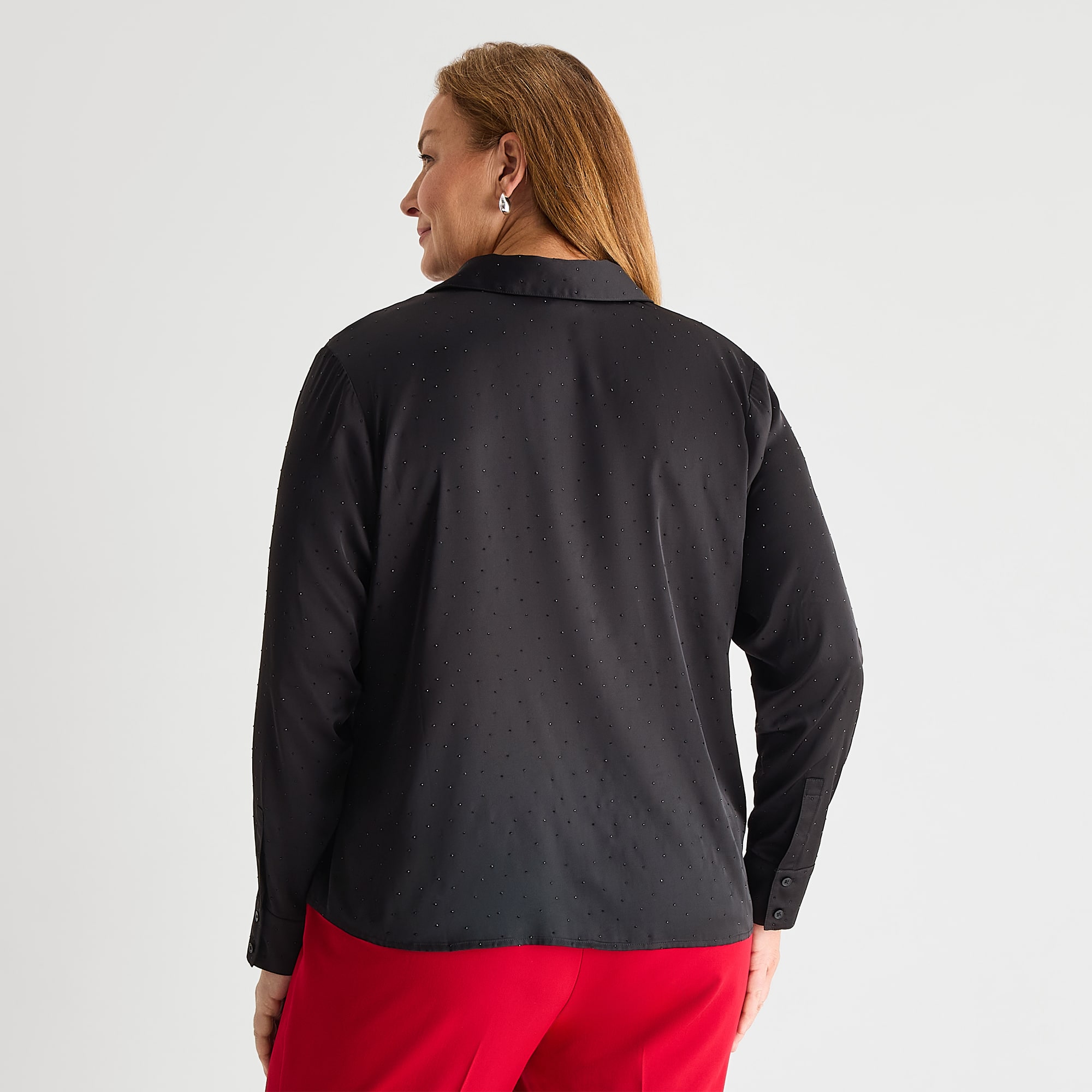 Liz Claiborne Womens Plus Long Sleeve Satin Embellished Blouse