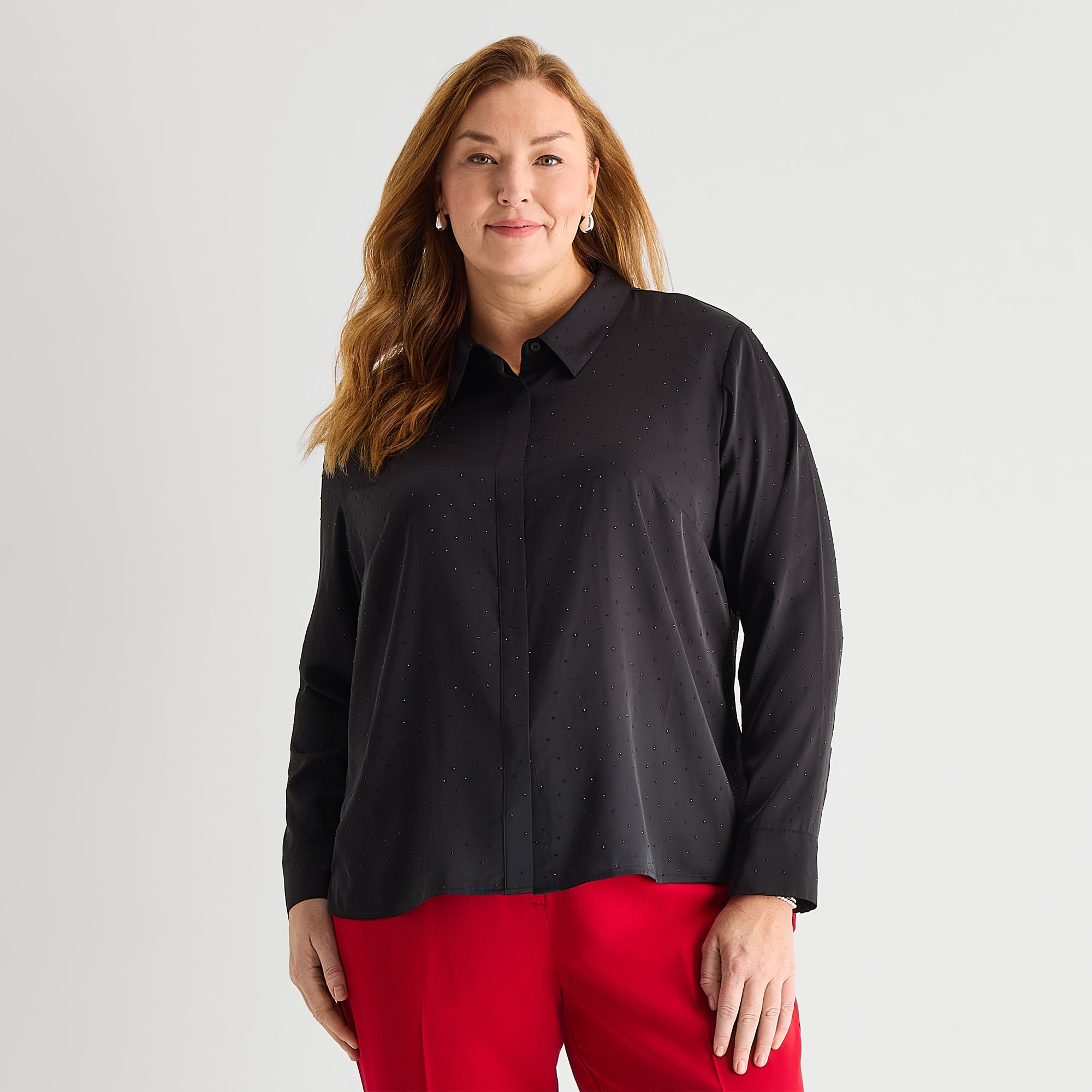 Liz Claiborne Womens Plus Long Sleeve Satin Embellished Blouse
