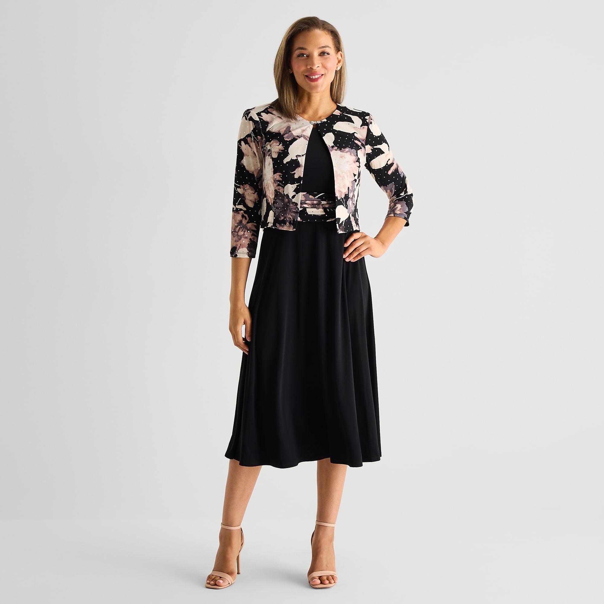 Jessica Howard Womens Midi Floral Jacket Dress