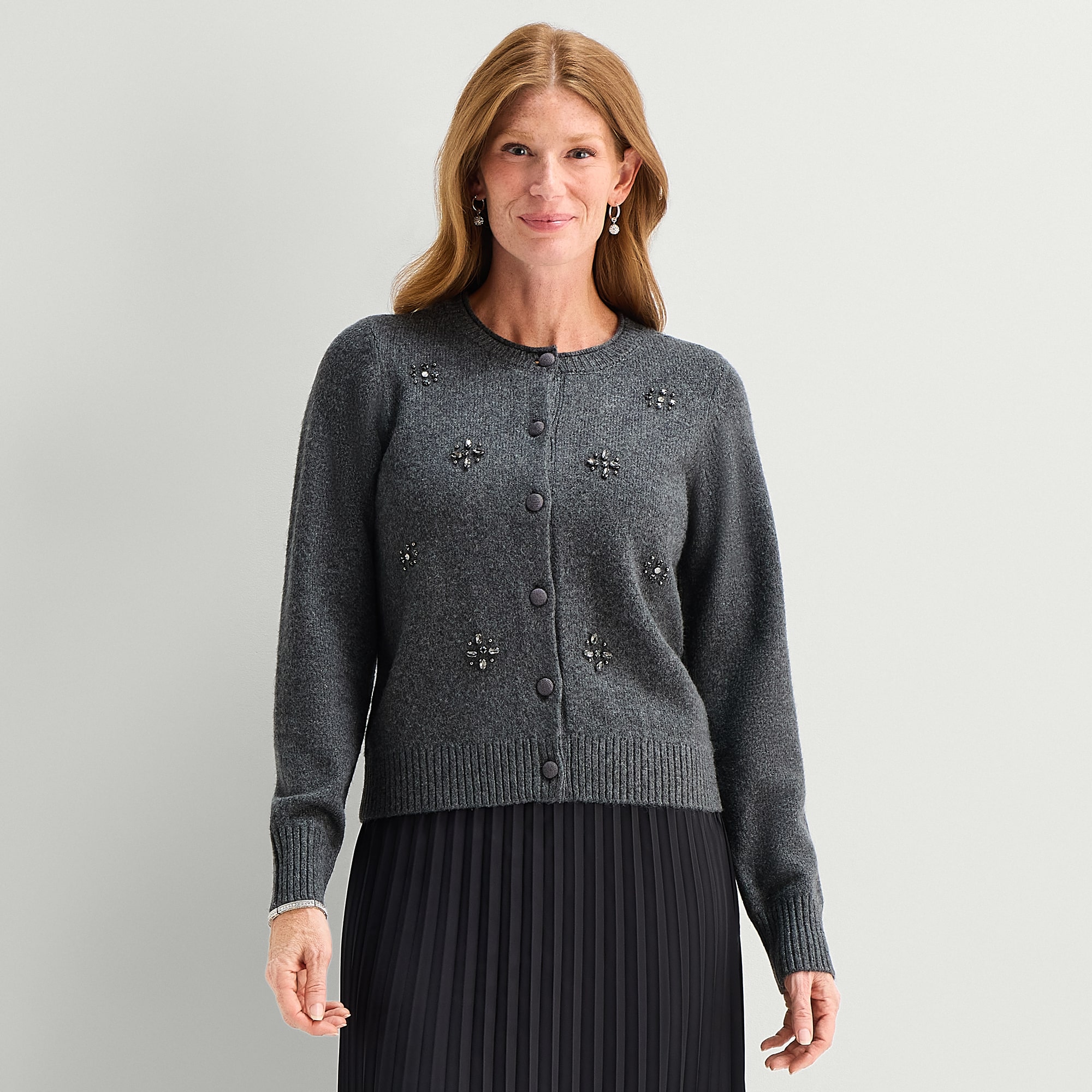 Liz Claiborne Womens Crew Neck Long Sleeve Button Cardigan
