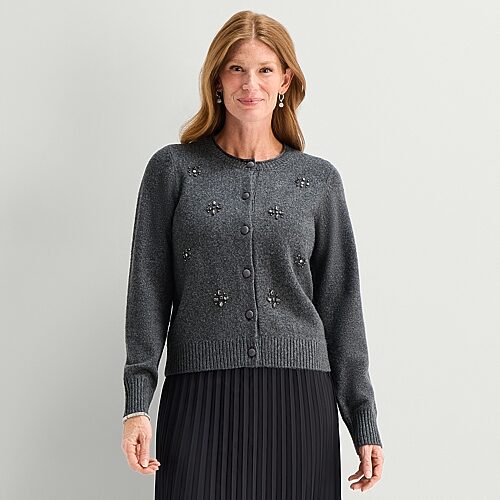 Liz Claiborne Womens Crew Neck Long Sleeve Button Cardigan In Black