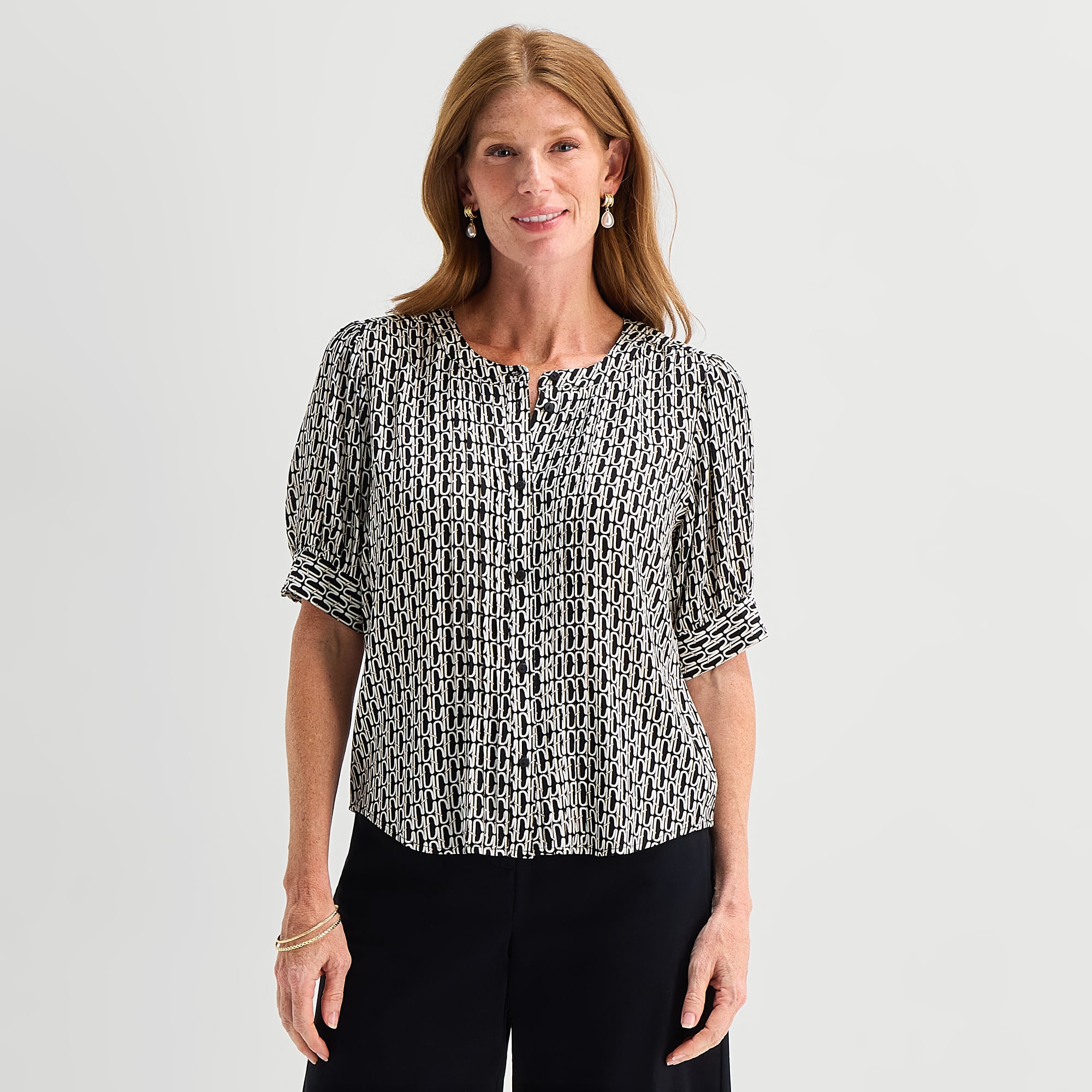 Liz Claiborne Womens Henley Neck Short Sleeve Blouse