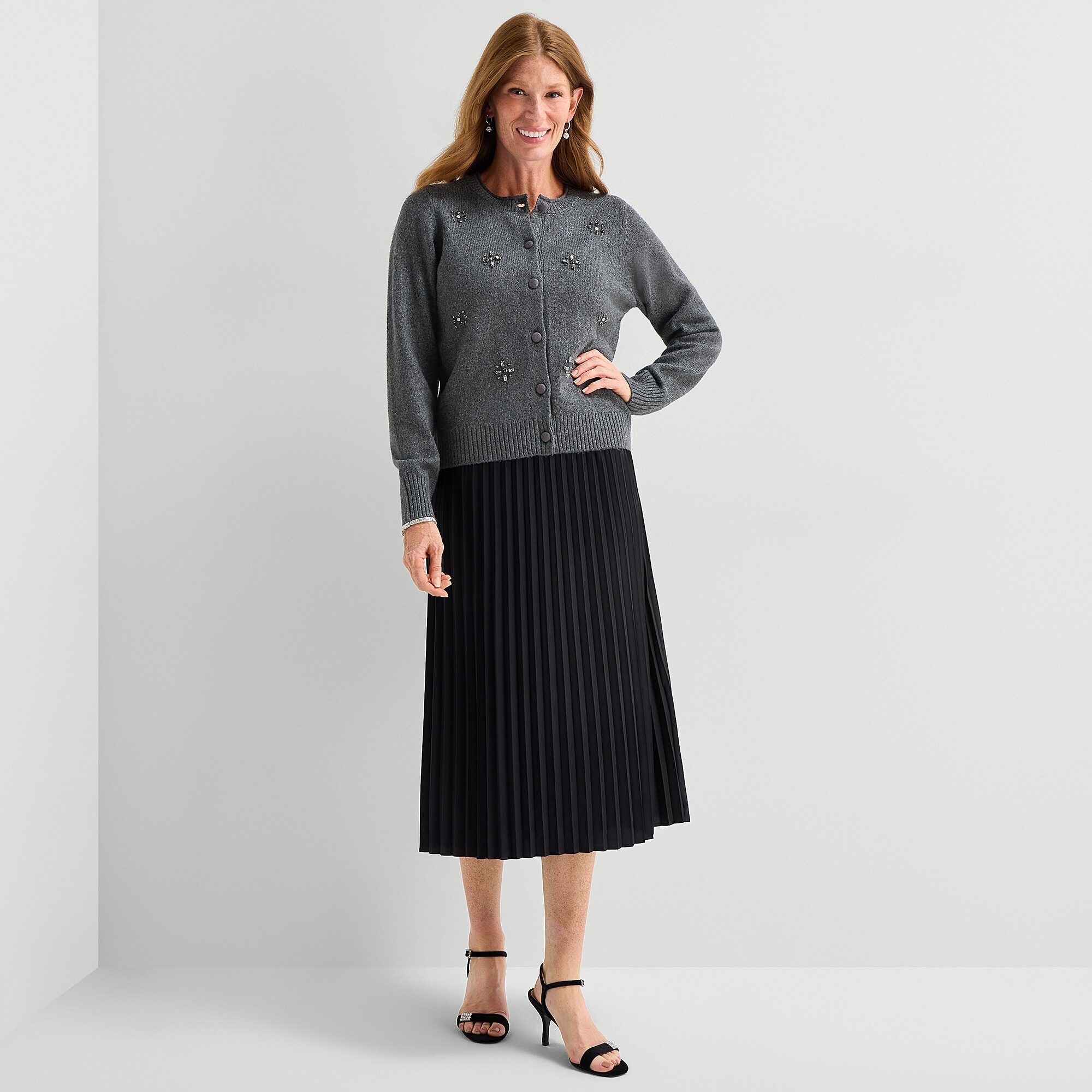 Liz Claiborne Womens Crew Neck Long Sleeve Button Cardigan