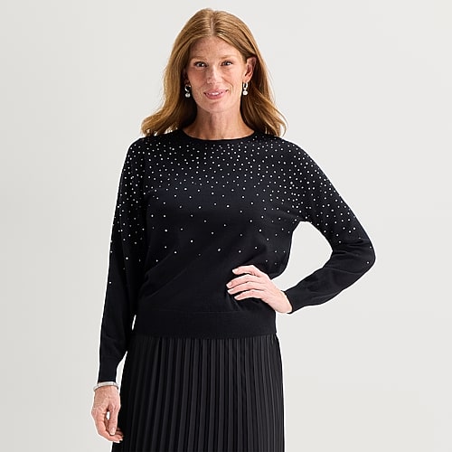 Liz Claiborne Tall Embellished Womens Crew Neck Embellished Long Sleeve Pullover Sweater, Large Tall, Black