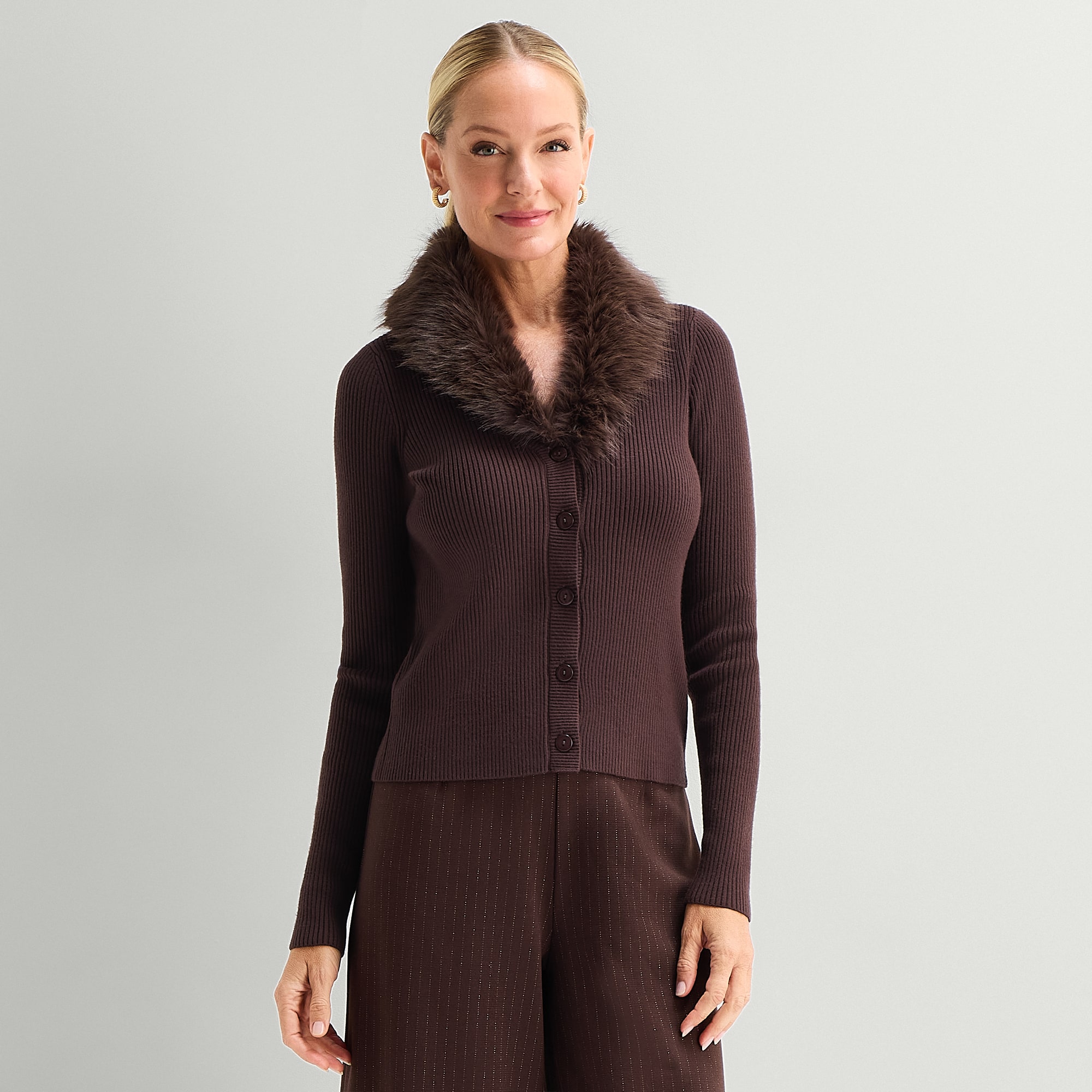Liz Claiborne Faux Fur Womens V Neck Long Sleeve Button Cardigan