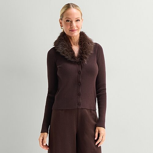 Liz Claiborne Faux Fur Womens V Neck Long Sleeve Button Cardigan In Brown
