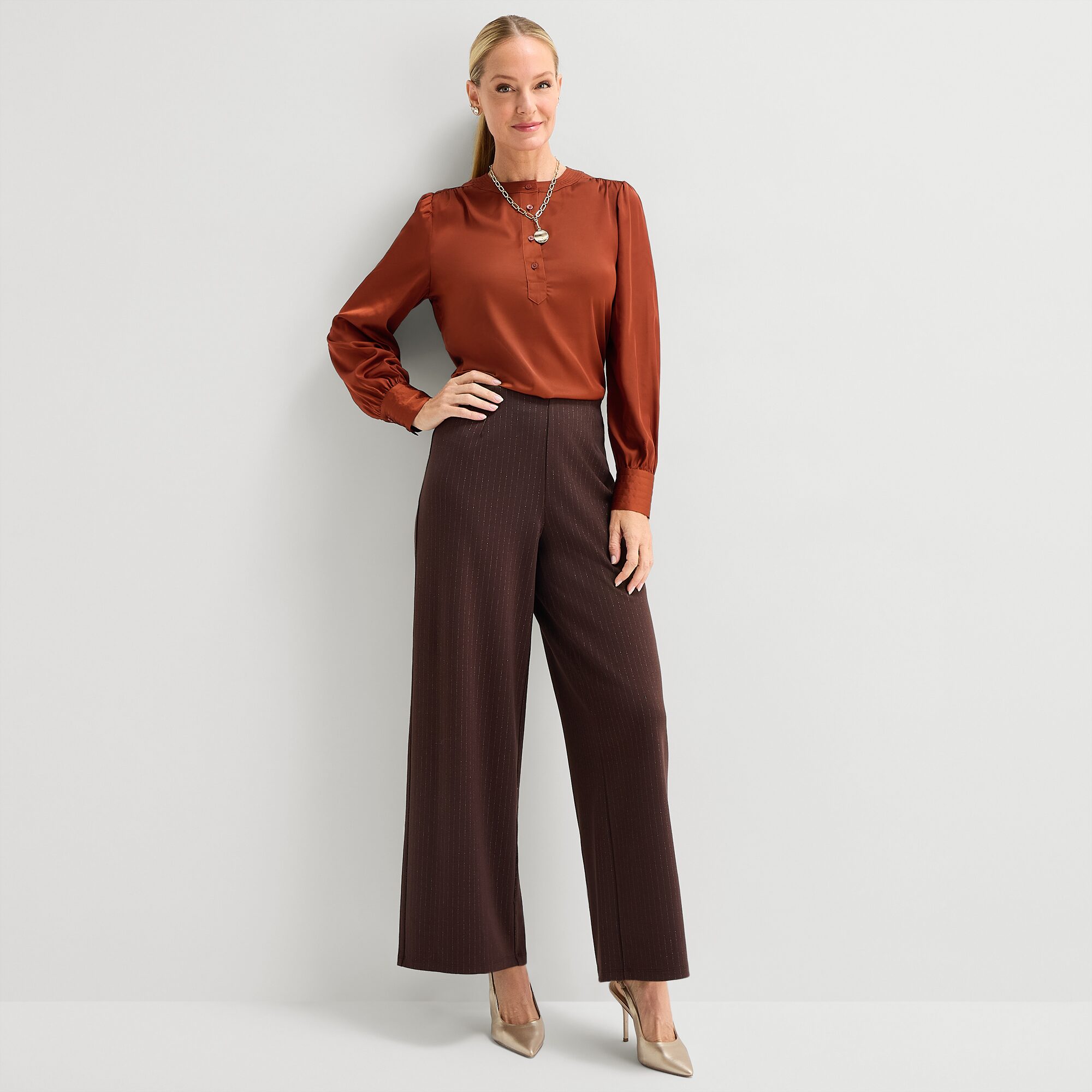 Liz Claiborne Womens Henley Neck Long Sleeve Satin Blouse