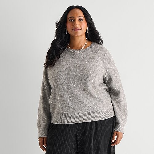 Liz Claiborne Plus Womens Crew Neck Embellished Long Sleeve Pullover Sweater, 4x, Gray