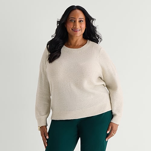 Liz Claiborne Plus Womens Crew Neck Embellished Long Sleeve Pullover Sweater, 4x, White