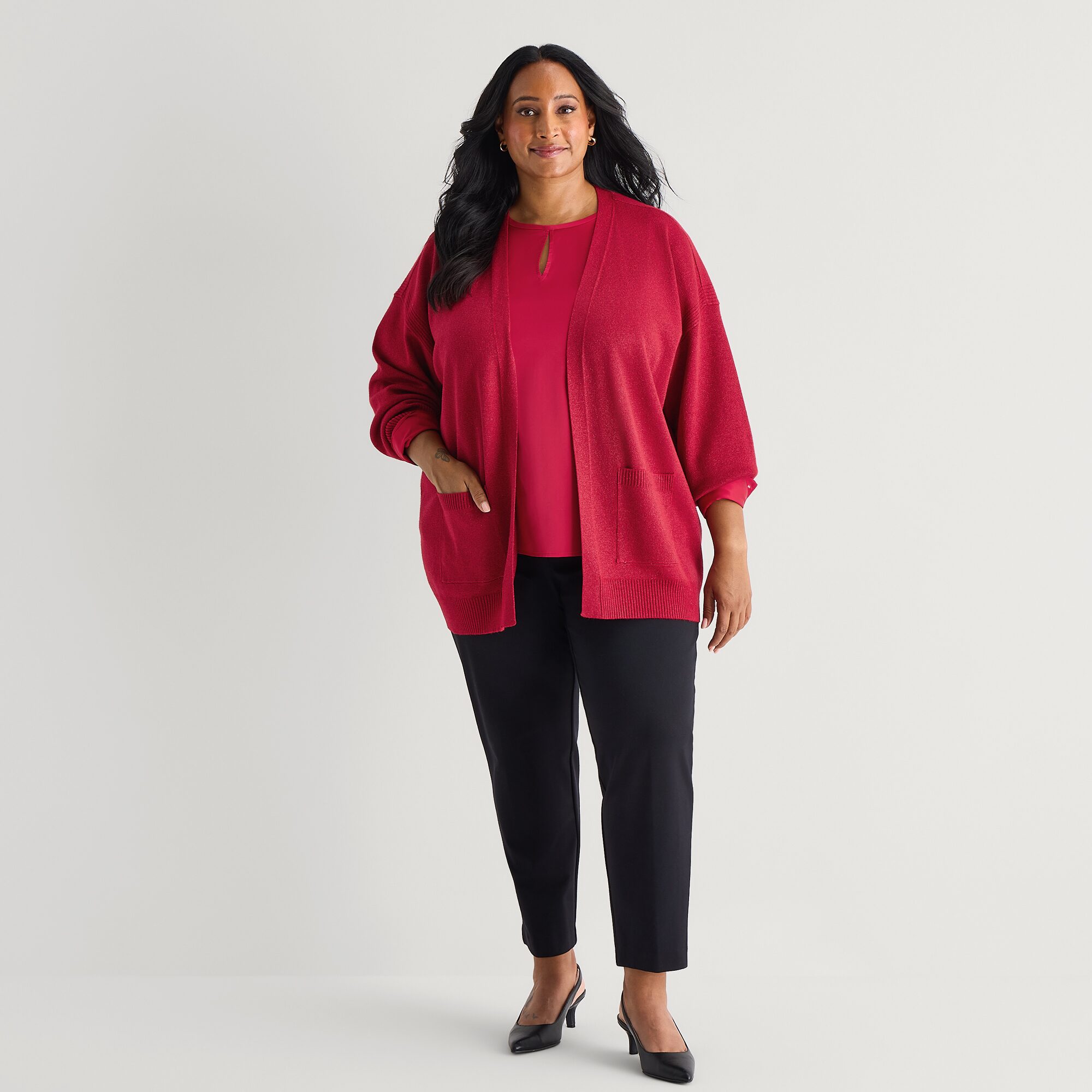 Liz Claiborne Womens Crew Neck Long Sleeve Open Front Plus Cardigan