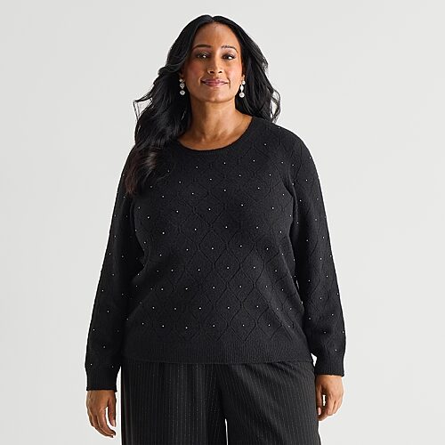Liz Claiborne Plus Womens Crew Neck Long Sleeve Pullover Sweater In Black