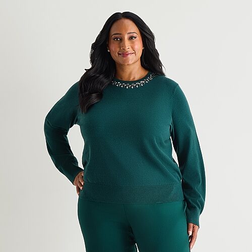 Liz Claiborne Plus Womens Crew Neck Long Sleeve Pullover Sweater In Green