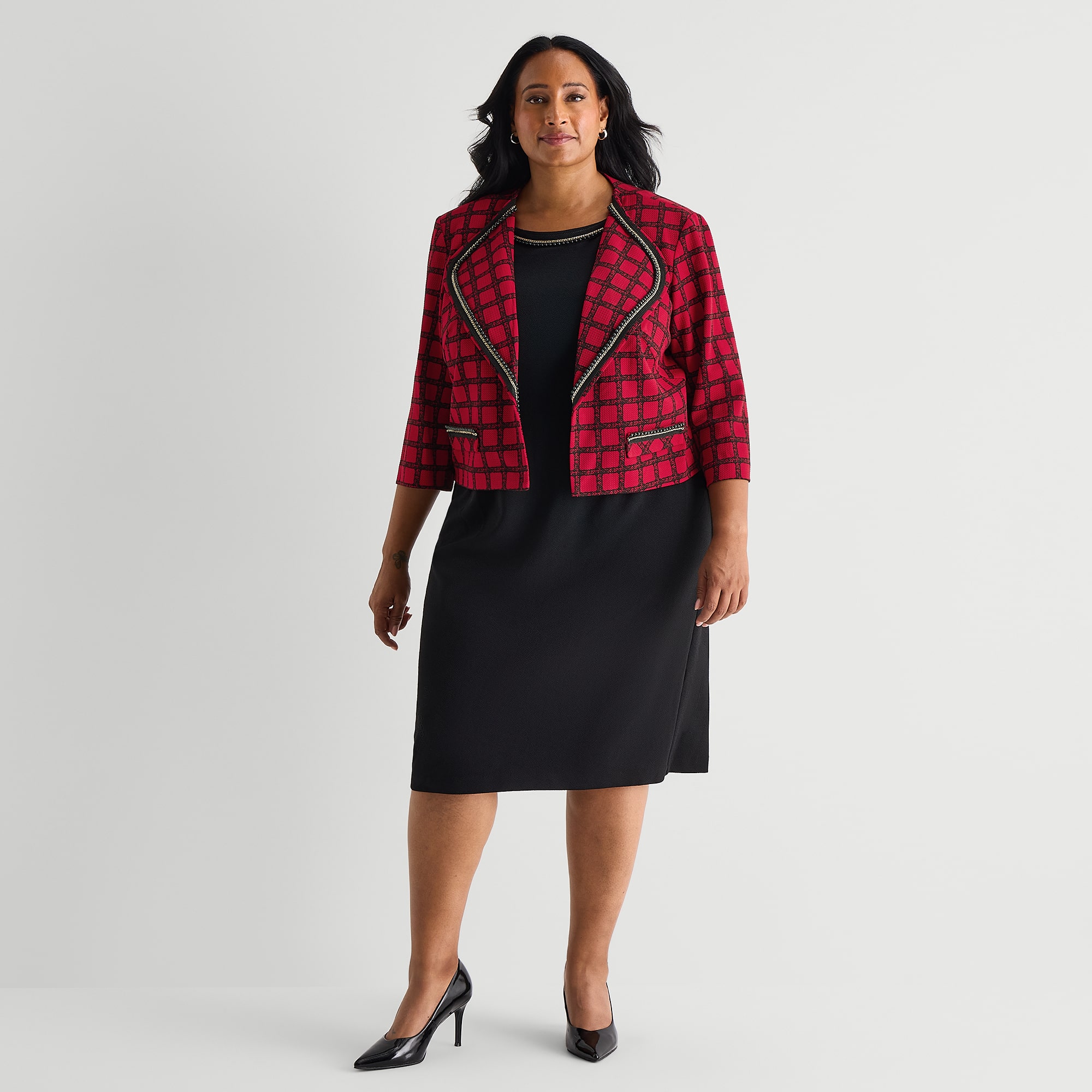 Maya Brooke Womens Plus Grid Jacket Dress