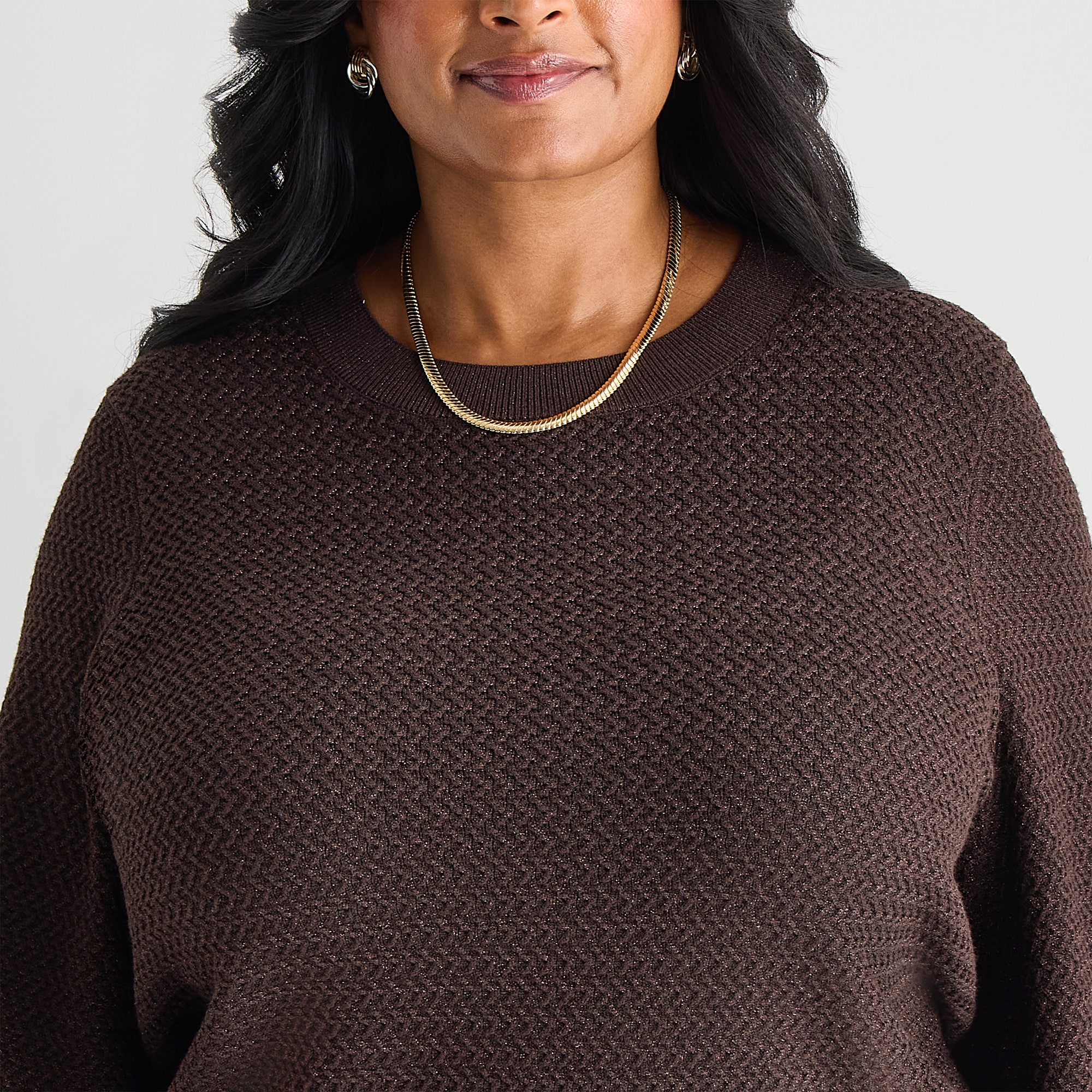 Liz Claiborne Plus Glitter Womens Crew Neck Long Sleeve Pullover Sweater