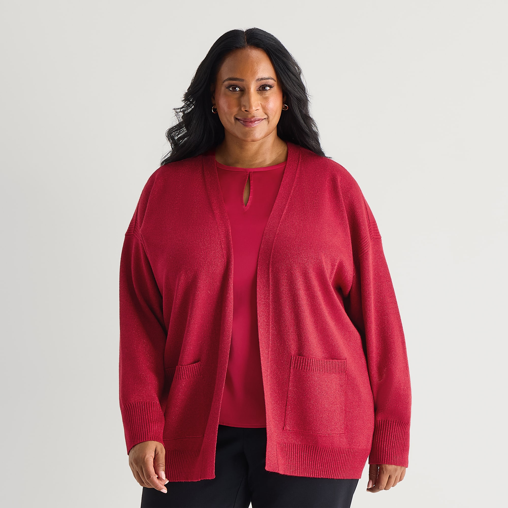 Liz Claiborne Womens Crew Neck Long Sleeve Open Front Plus Cardigan
