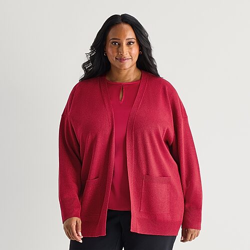 Liz Claiborne Womens Long Sleeve Open Front Plus Cardigan In Red