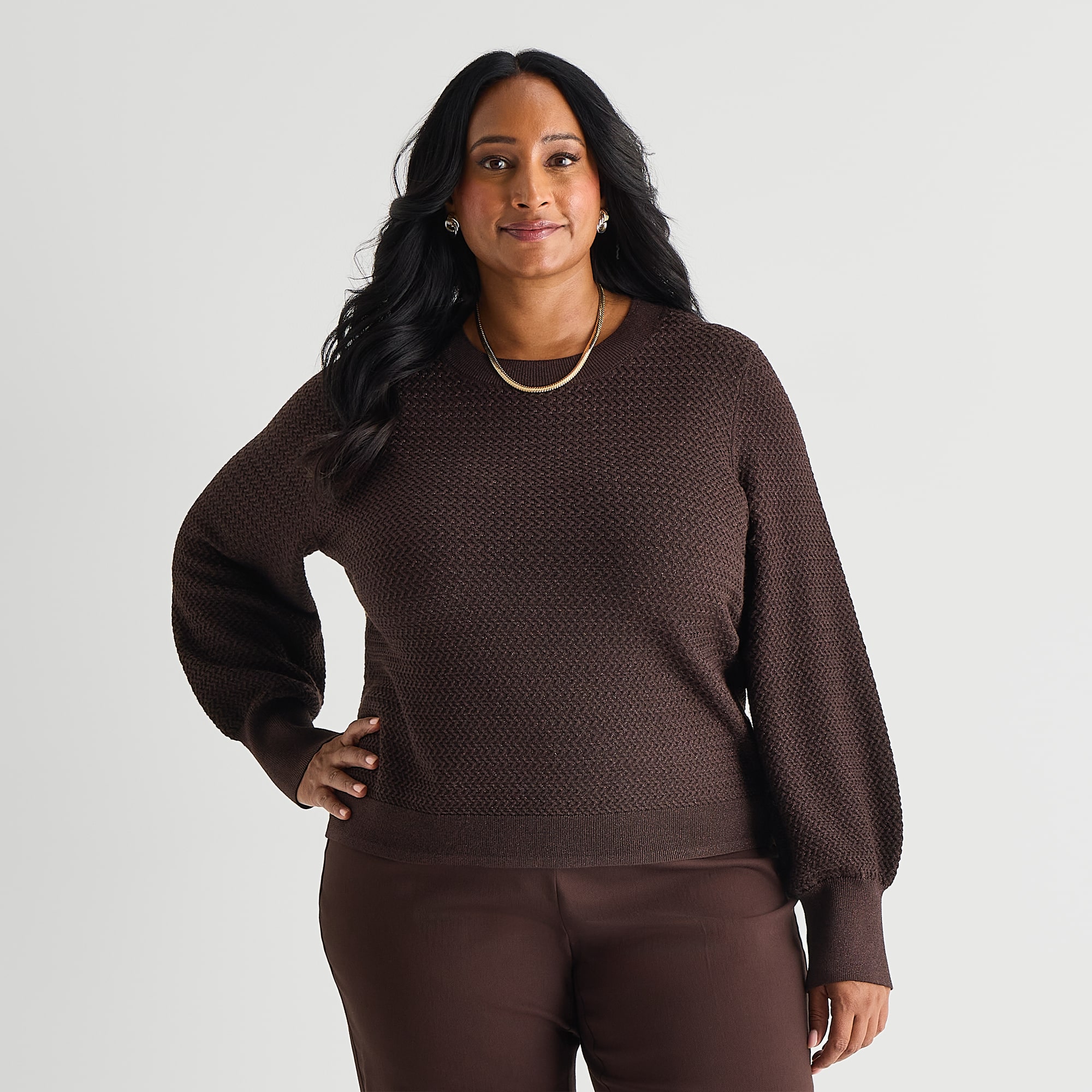 Liz Claiborne Plus Glitter Womens Crew Neck Long Sleeve Pullover Sweater