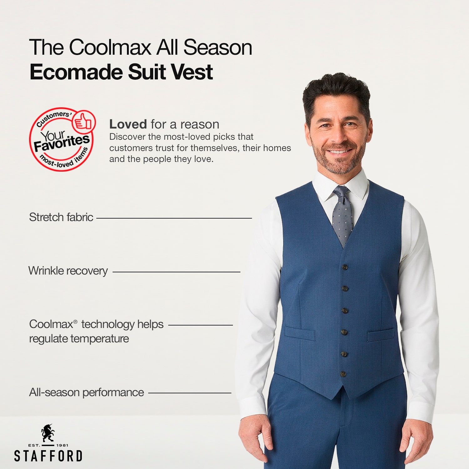 Stafford Coolmax All Season Ecomade Birdseye Signature Mens Stretch Fabric Classic Fit Suit Vest
