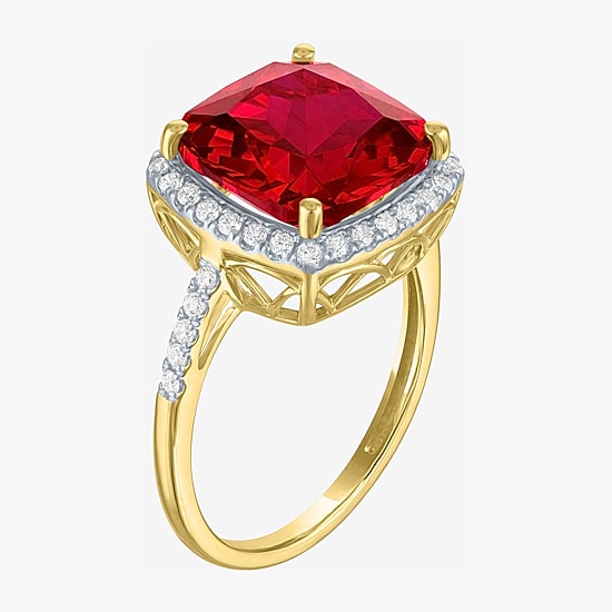 (G-H/Si2-I1) Womens 1/4 CT. T.W. Gemstone 10K Gold Cushion Halo Side Stone Cocktail Ring