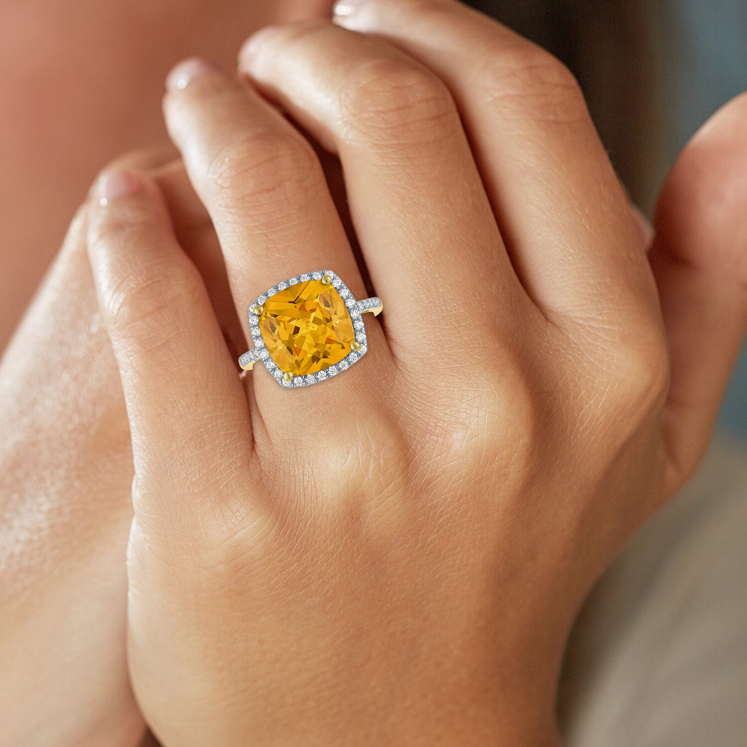 (G-H/Si2-I1) Womens 1/4 CT. T.W. Gemstone 10K Gold Cushion Halo Side Stone Cocktail Ring