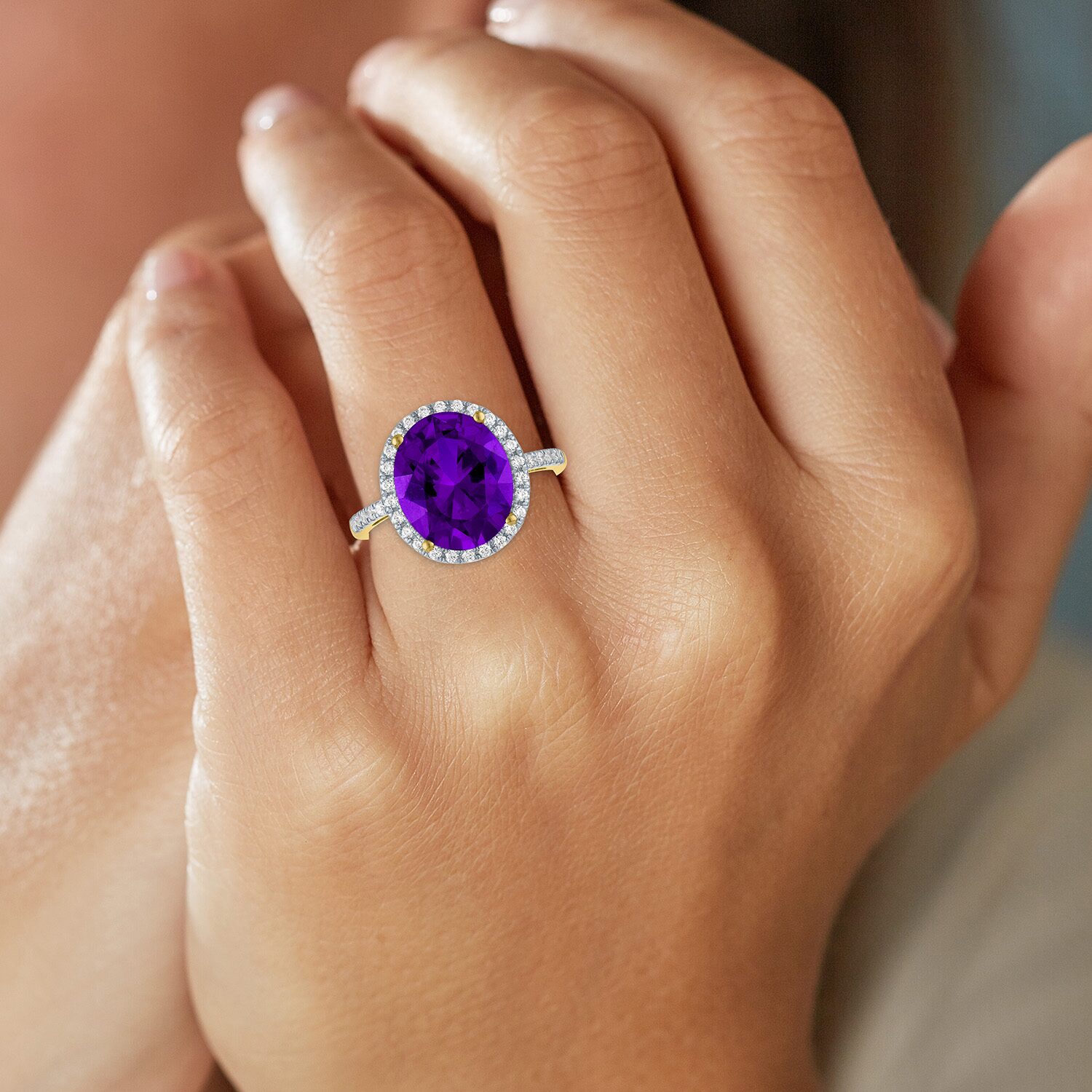 (G-H/Si2-I1) Womens 1/4 CT. T.W. Gemstone 10K Gold Oval Halo Side Stone Cocktail Ring